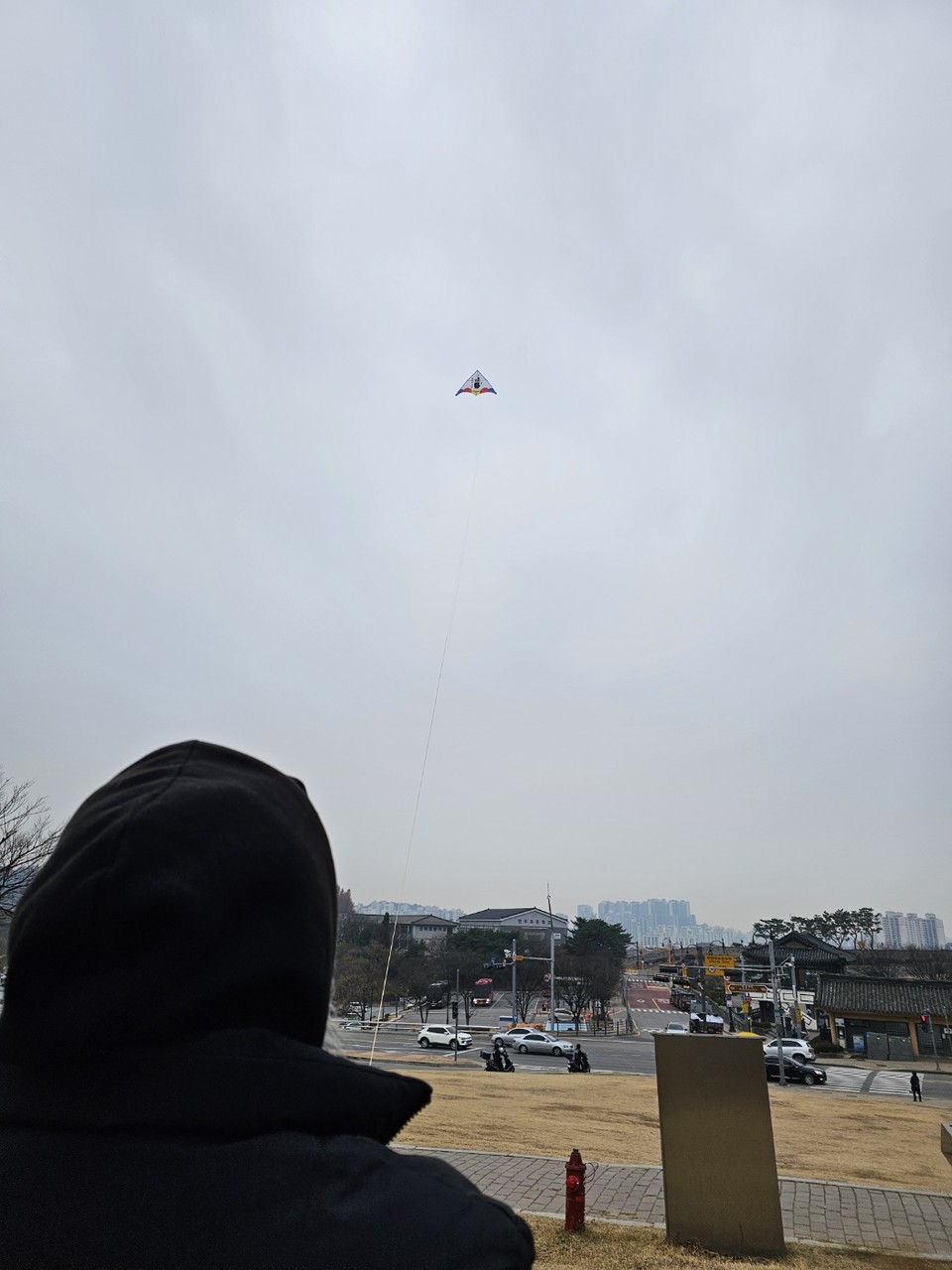 6일 오전 9시40분께 수원화성 창룡문 일대에서 한 연사가 부는 바람에 델타 연을 날리고 있다. (사진=권영복 기자)