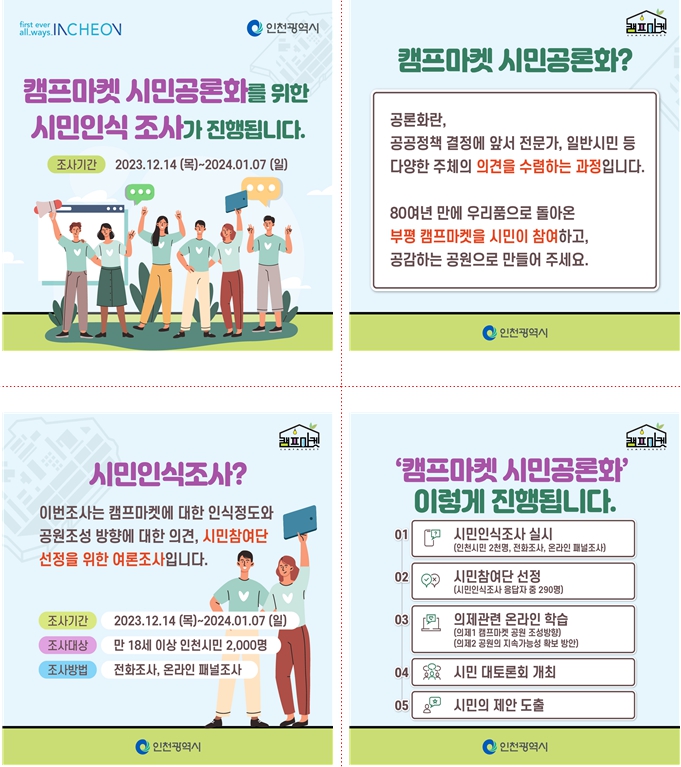 인천광역시가 내년 1월7일까지 '캠프마켓 시민공론화'를 위한 시민인식 조사와 시민참여단 선정을 위한 인천시민 여론조사를 2천여명을 대상으로 진행 중이다. 사진은 인천시민여론조사 카드뉴스. (사진제공=인천시청)