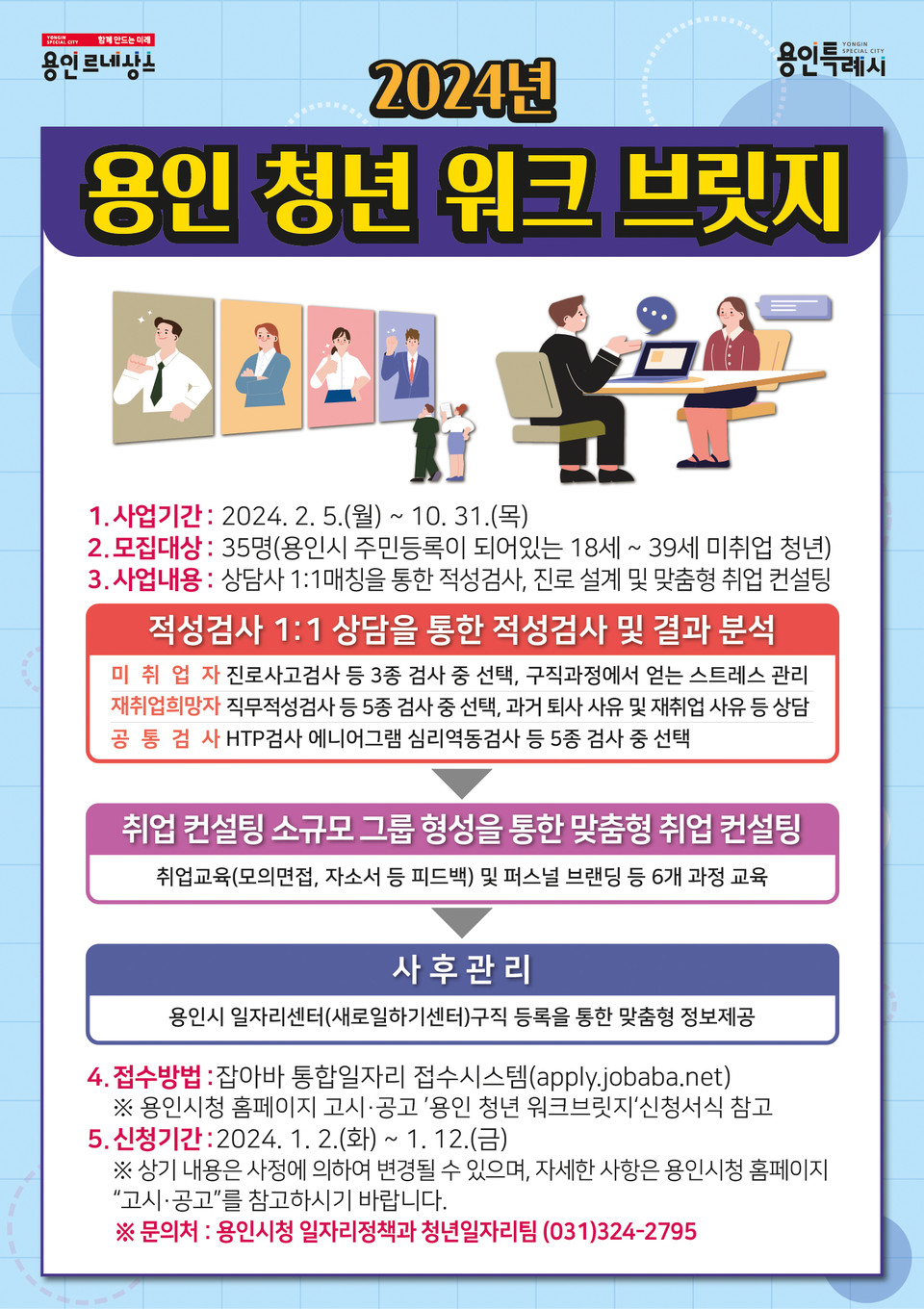 용인특례시가 직무적성검사와 맞춤형 상담, 취업 컨설팅을 받아 적성에 맞는 일자리를 찾을 청년 35명을 1월 중 모집한다고 26일 밝혔다. (사진제공=용인시청)