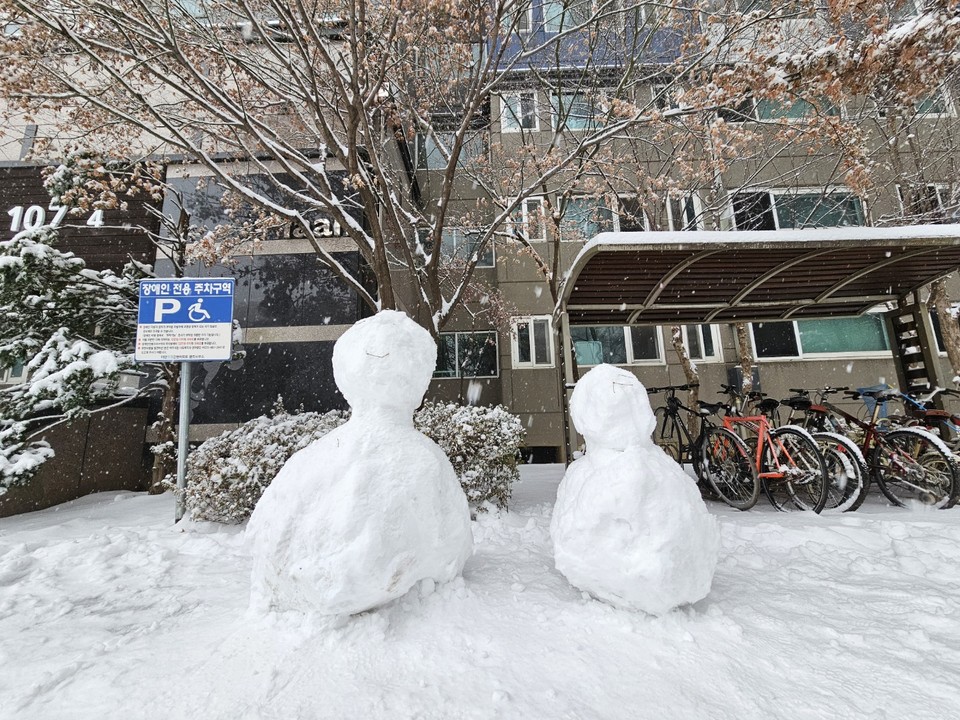 30일 오후 3시30분께 대설주의보가 내려진 여주시 현암동의 한 아파트 단지 입구에 누군가 만들어 놓은 눈사람이 세워져 있다. (사진=김광섭 기자)