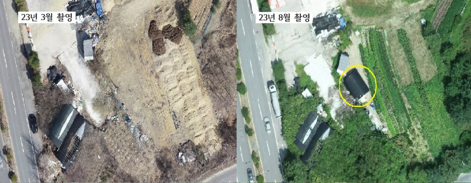 경기도가 지난해 3회에 걸쳐 시흥시, 남양주시, 양주시 등 15개 개발제한구역을 대상으로 드론 활용 단속을 한 결과 불법의심 158건을 탐지했다. 사진은 촬영된 남양주시 불법 창고. (사진제공=경기도청)