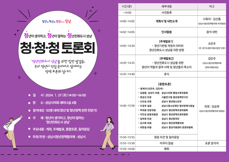 성남시가 오는 27일 오후 2시 시의회 4층 세미나실에서 '청년이 생각하고 청년이 말하는 청년친화도시 성남'을 주제로 한 토론회 '청·청·청 토론회'를 개최한다. 사진은 '청·청·청 토론회' 홍보 포스터. (사진제공=성남시청)