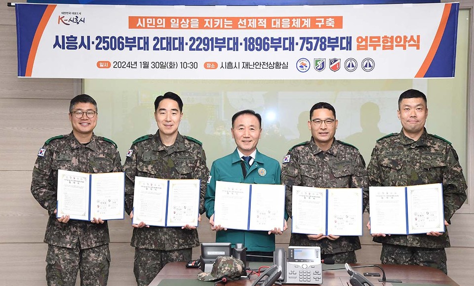 시흥시가 설 명절을 앞두고 30일 시청 재난안전상황실에서 지역방위여단을 포함한 16개 부대 관계자와 함께하는 간담회를 열고, 지역 안보에 헌신하는 장병들을 위해 위문품으로 지역화폐 ‘시루’를 전달했다. (사진제공=시흥시청)