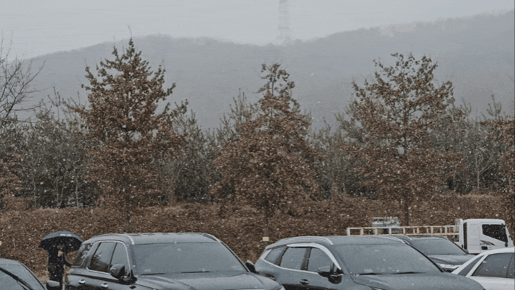 5일 오후 2시10분께 제2영동고속도로 원주방향 경기광주휴게소에 바람과 함께 많은 눈이 내리고 있다. (영상=장은기 기자)