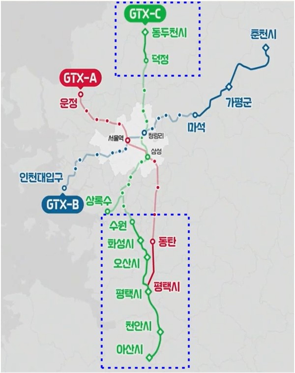 경기도가 수도권 광역급행철도(GTX) A노선(운정~동탄)을 평택까지, GTX C노선(덕정~수원)을 동두천, 충남 아산까지 연장하기 위해 국토부 및 7개 지방자치단체와 적극 협력하기로 했다. (사진제공=경기도청)