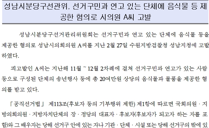 성남시 분당구선관위가 선거구민과 연고가 있는 단체에 음식물 등을 제공한 혐의로 성남시의원 A씨를 검찰에 고발했다. (사진제공=경기도선관위)