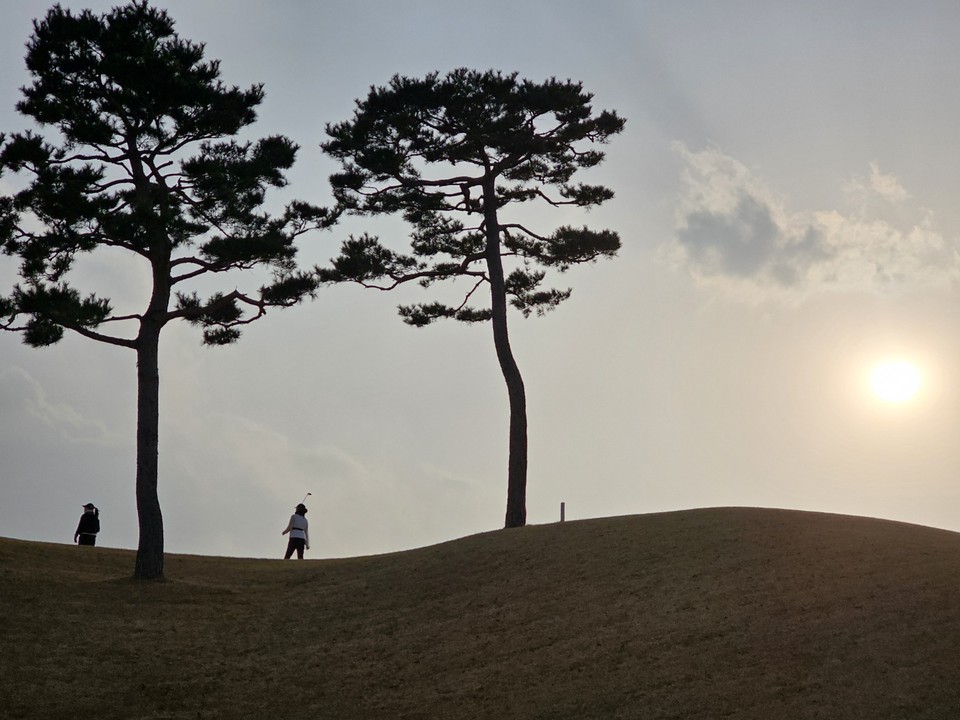 절기상 '경칩'인 5일 오후 4시42분께 여주의 한 골프장에서 여성 골퍼들이 지는 해와 함께 골프라운드를 즐기고 있다. (사진=김광섭 기자)