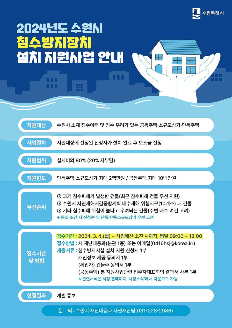 수원시가 침수가 우려되는 주택·상가에 침수방지장치 설치를 지원한다. (사진제공=수원시청)
