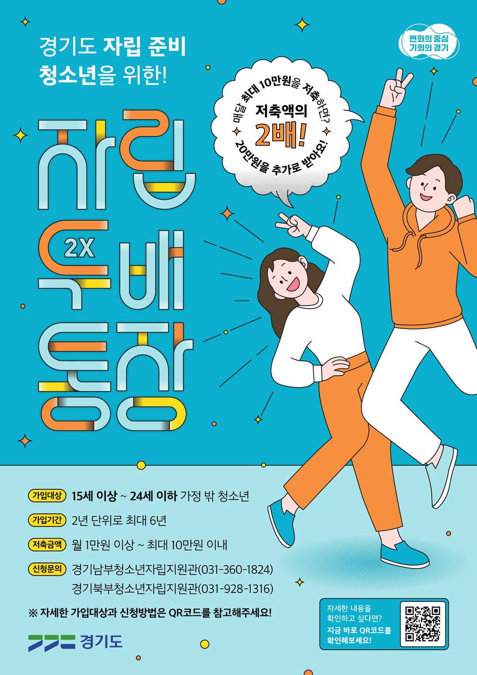 경기도가 가정을 벗어나 홀로 자립을 준비하는 가정 밖 청소년을 위해 전국에서 유일하게 추진하고 있는 ‘자립두배통장’ 사업의 첫 만기 수령자가 나온다. 사진은 ‘자립두배통장’ 홍보 포스터. (사진제공=경기도청)