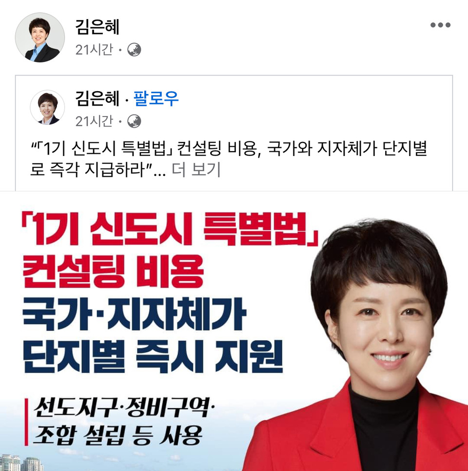 국민의힘 성남시 분당을 김은혜 후보가 16일 '1기신도시 특별법' 컨설팅 비용, 국가와 지자체가 '단지별'로 '즉각' 지급해야 한다"고 주장했다. (사진=김은혜 후보 페이스북)
