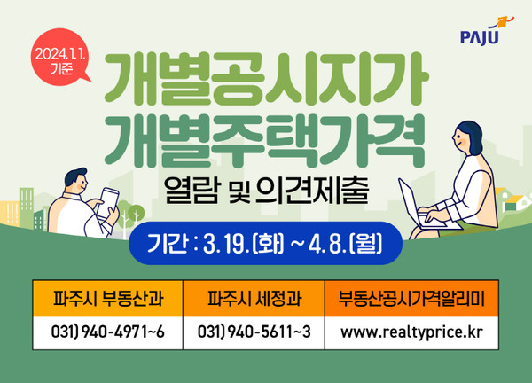 양도소득세와 상속세 등 국세와 재산세·취득세 등의 지방세 등 각종 부담금을 산정을 위한 개별토지의 공시지가 열람 및 의견제출을 받고 있다. (사진제공=파주시청)