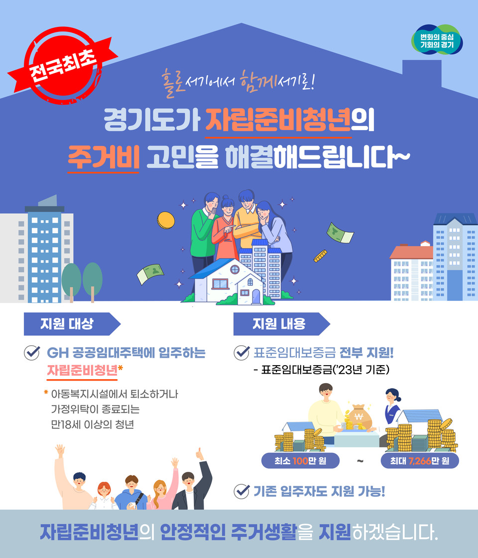 경기도가 전국 최초로 경기주택도시공사 공공임대주택에 입주하는 자립준비청년의 임대보증금 전액(도비 100%)을 지원하는 ‘자립준비청년 주거비 지원사업’을 올 하반기 추진한다. (사진제공=경기도청)