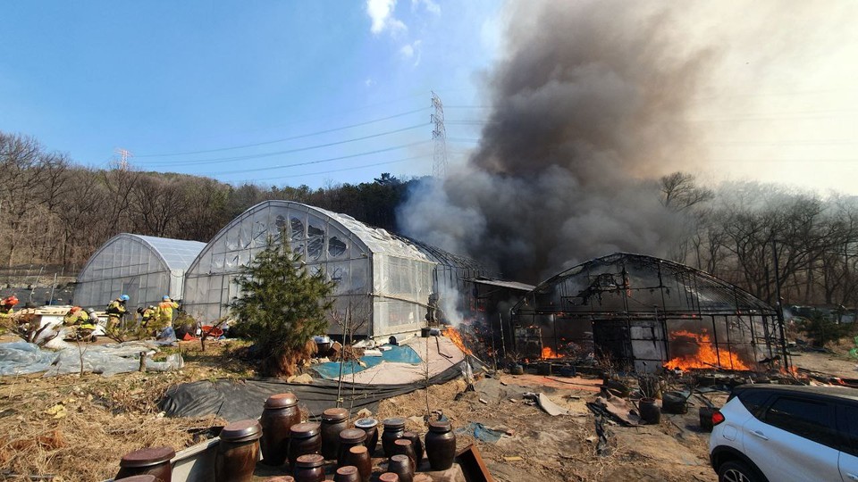 21일 오전 10시25분께 군포시 둔대동의 한 야산에서 불이 나, 신고를 받고 출동한 소방당국과 산림당국이 헬기 5대를 동원해 약 1시간26분 만에 진화됐다. 최초 불은 야산 인근 블루베리 재배 비닐하우스에서 시작된 것으로 알려졌다. 사진은 화재 현장. (사진제공=경기도소방재난본부)