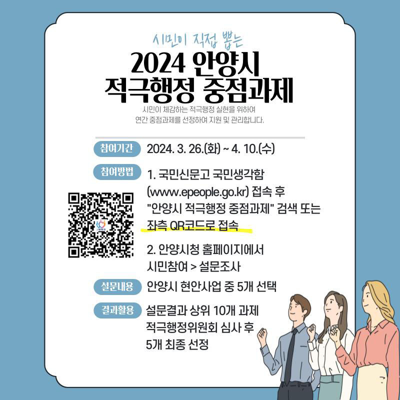 안양시가 시민이 체감하는 적극행정을 펼치기 위해 올해의 안양시 중점과제를 시민투표로 선정한다고 2일 밝혔다. (사진제공=안양시청)
