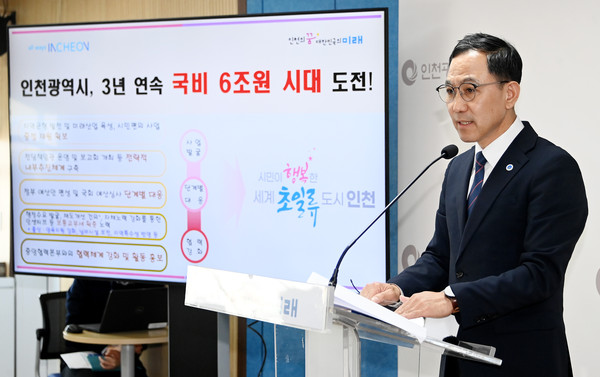 김상길 재정기획관이 4일 시청 브리핑룸에서 재정기획관실 소관 현안과 관련해 기자브리핑을 하고 있다. (사진제공=인천시청)