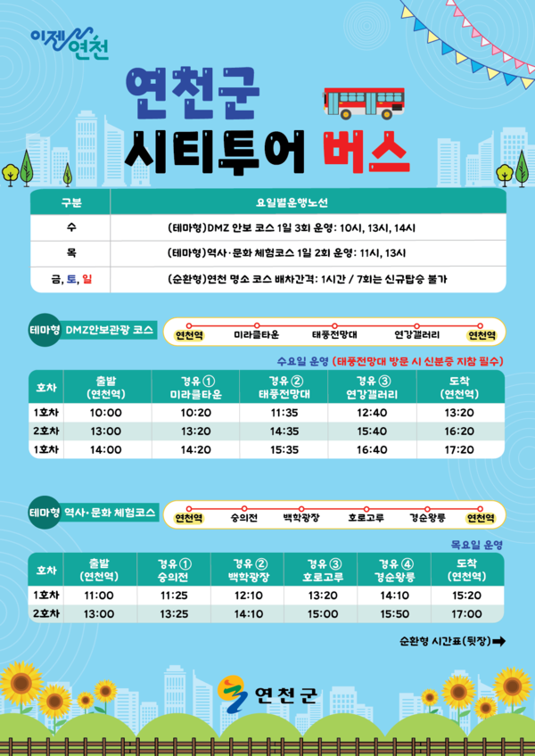 연천군이 오는 11일부터 지역 주요 관광지를 순회하는 시티투어 버스를 재운행한다. 사진은 연천군 시티투어버스 홍보 포스터. (사진제공=연천군청)