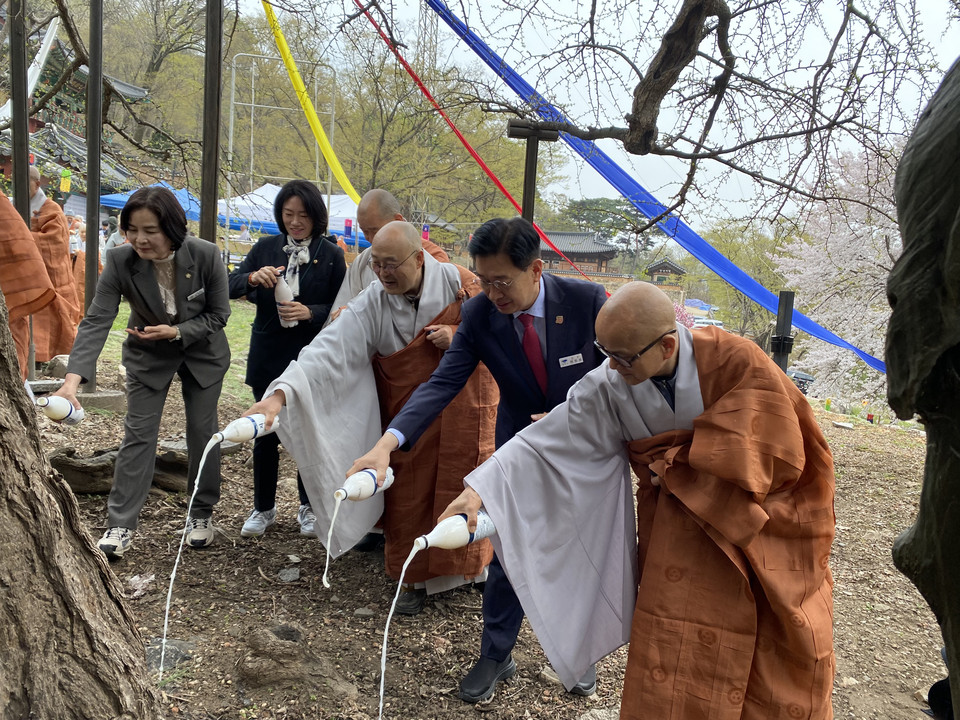 전진선 양평군수와 용문사 주지 도일 스님, 윤순옥 양평군의장이 11일 오전 용문사 은행나무에 헌주를 하며 군민 모두의 안녕을 기원했다. (사진=장은기 기자)