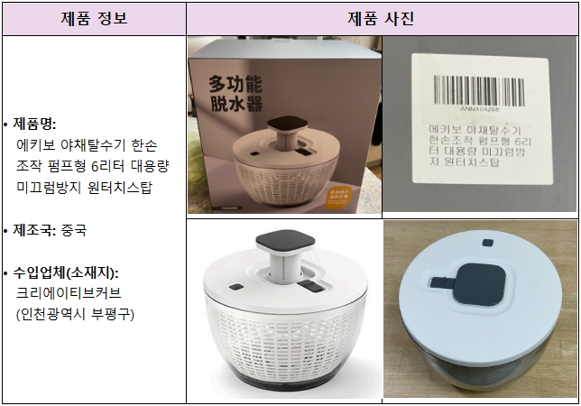 수입신고 없이 국내에 반입·판매된 중국산 ‘야채탈수기’가 판매중단과 회수 조치됐다. (사진제공=식약처)