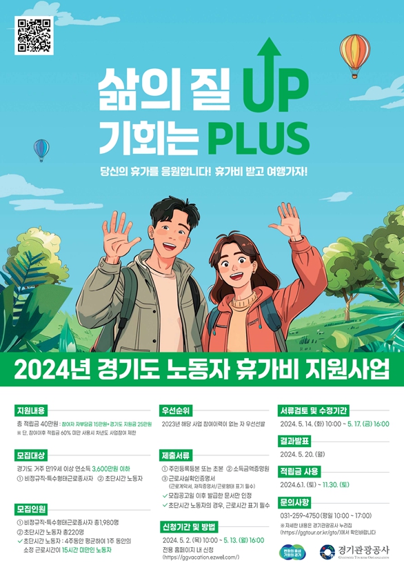 경기도가 휴가 사용이 어려운 비정규직 노동자들의 휴식권 보장을 위해 지난해보다 200명 많은 2200명을 대상으로 총 7억7천만원의 예산을 들여 ‘2024년 경기도 노동자 휴가비 지원사업’을 추진한다. 사진은 ‘2024년 경기도 노동자 휴가비 지원사업’ 홍보 포스터. (사진제공=경기도청)