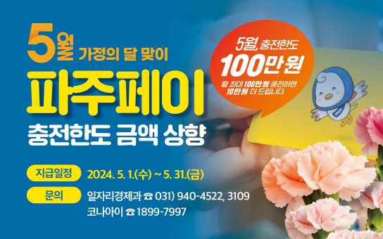 파주시는 5월 ‘가정의 달’을 맞아 5월 1일부터 31일까지 한 달 간 파주페이 월(月) 충전 한도를 개인당 월 70만 원에서 월 100만 원으로 상향했다. (사진제공=파주시청)