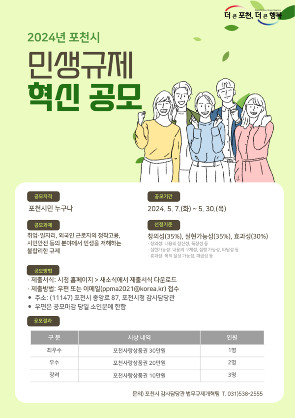 포천시가 오는 30일까지 행정안전부 대국민 공모사업과 연계해 포천시 자체 공모전 ‘민생규제 혁신 공모’를 개최한다. 사진은 민생규제 혁신 공모 홍보 포스터. (사진제공=포천시청)