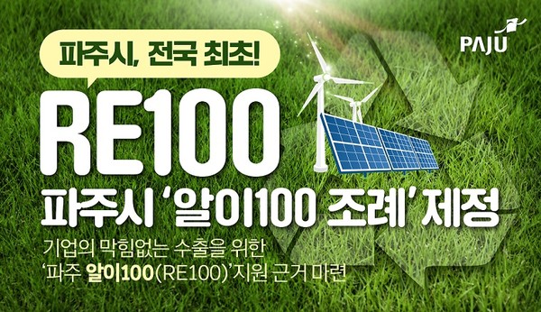 파주시는 전국 기초자치단체 최초로 알이100(RE100) 산업 육성을 위한 법적 기반을 마련, 관내 기업들의 막힘없는 수출 지원을 위한 재생에너지 정책에 시동을 걸었다. (사진제공=파주시청)