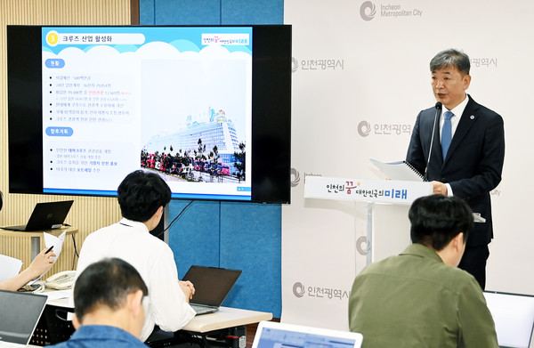 김을수 해양항공국장이 23일 시청 브리핑룸에서 해양항공국 소관 현안과 관련해 기자브리핑을 하고 있다. (사진제공=인천시청)