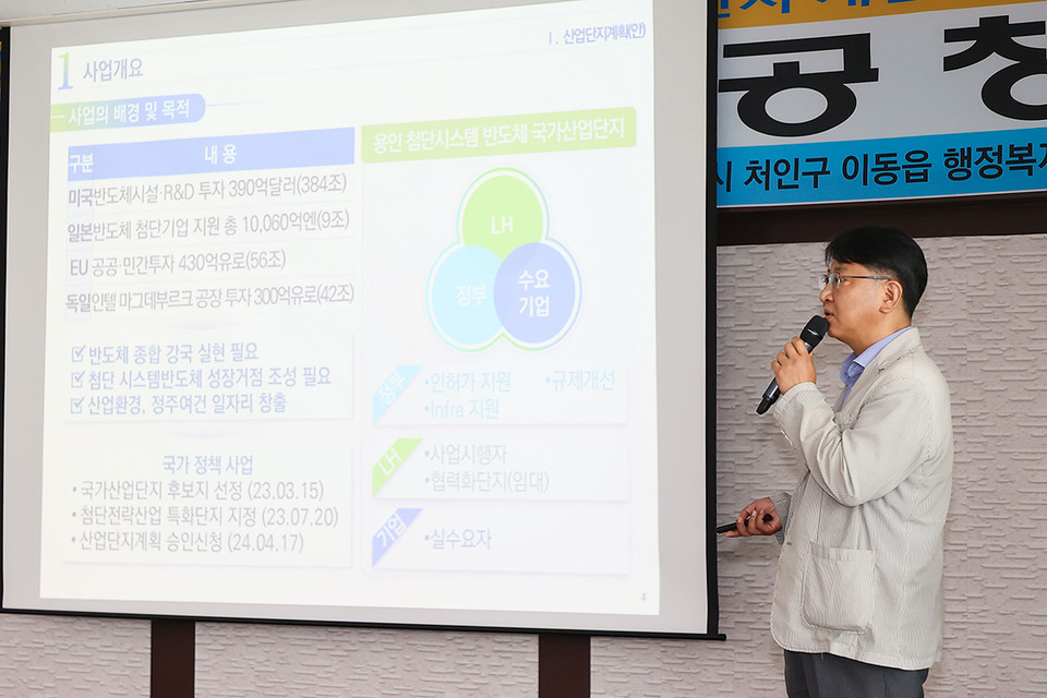 용인특례시가 지난 11일 처인구 이동읍과 남사읍 일원에 조성 중인 ‘용인 이동·남사 첨단시스템반도체 클러스터 국가산업단지’ 계획(안)을 주민에게 설명하는 합동공청회가 열렸다고 12일 밝혔다. (사진제공=용인시청)
