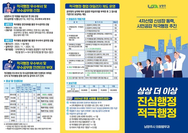 남양주시가 보상·보호제도를 통해 공무원의 적극적인 업무 추진을 지원하고자 2024년도 적극행정 실행계획을 수립·추진한다. 사진은 남양주시 진심행정 적극행정 홍보리플렛. (사진제공=남양주시청)