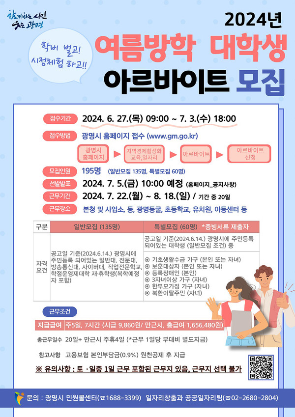 광명시가 오는 27일부터 내달 3일까지 ‘여름방학 대학생 아르바이트’ 참여자 195명을 모집한다. (사진제공=광명시청)