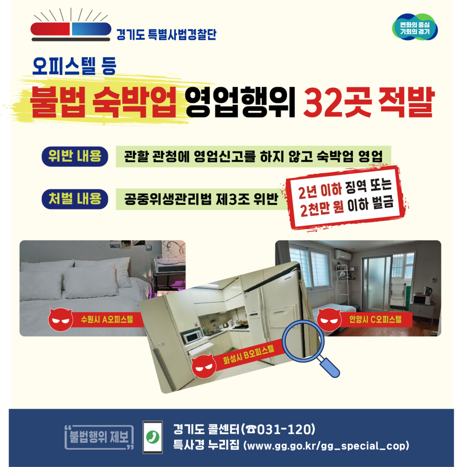 숙박업 신고 없이 오피스텔, 주택, 아파트 등에서 영업을 한 불법 숙박업체 32곳이 경기도 특별사법경찰단 수사에 적발됐다. (사진제공=경기도특사경)