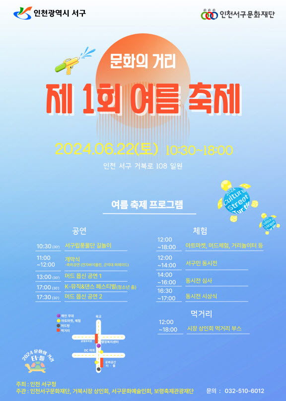 (재)인천서구문화재단)은 오는 22일, 인천 서구 석남동 거북시장 ‘문화의 거리’에서 참여, 공연, 체험, 먹거리가 있는 ‘문화의 거리, 제1회 여름 축제’를 개최한다고 밝혔다. (사진제공=서구청)