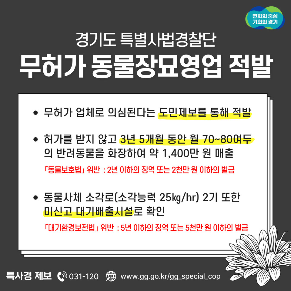 경기도특사경이 지난 2020년 12월경부터 올해 5월 초까지 약 3년5개월여 동안 무허가 동물장묘업 영업장을 운영하면서 월평균 70~80여 마리의 반려동물을 불법 화장해 온 A씨를 적발해 수사 중이다. (사진제공=경기도특사경)