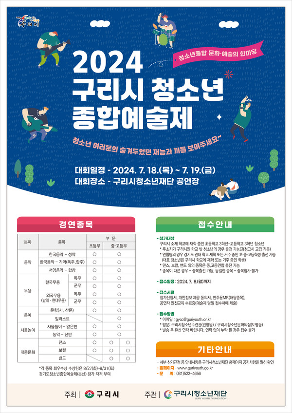 구리시청소년재단이 구리시 청소년을 대상으로 문화·예술 분야에서 재능을 펼칠 수 있는 ‘2024년 구리시 청소년 종합예술제’ 참가자를 내달 8일까지 모집한다. 사진은 '구리시 청소년 종합예술제' 참가자 모집 포스터. (사진제공=구리시청)
