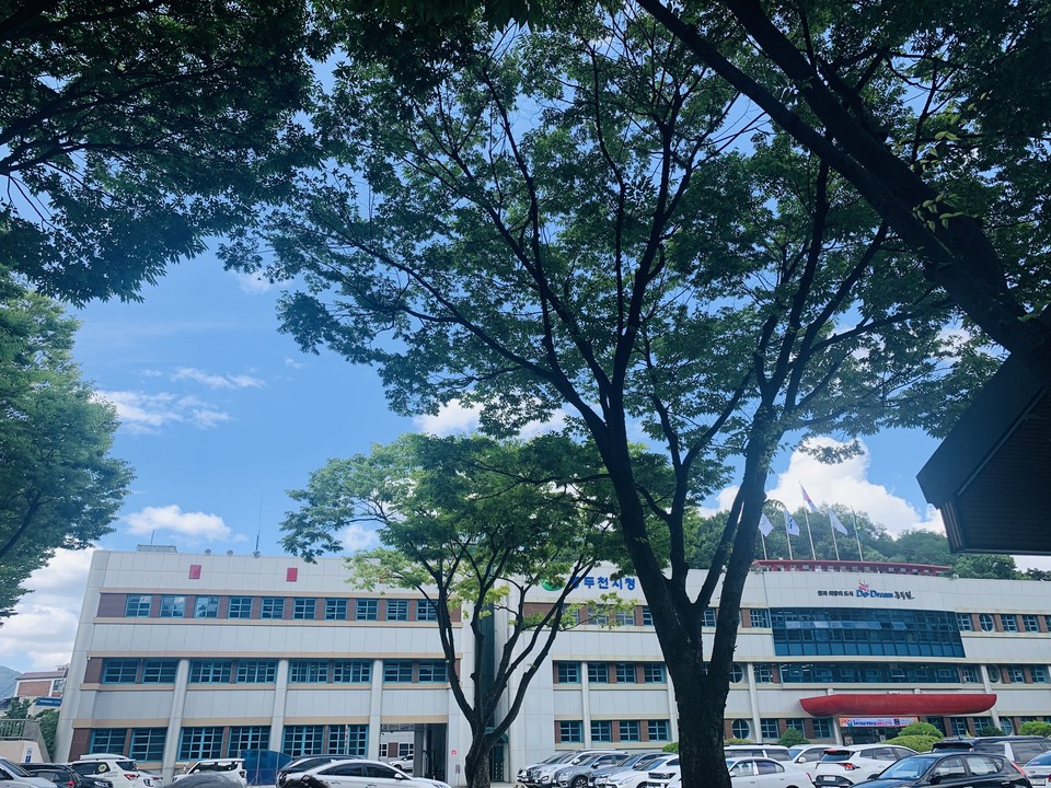 10일 오후 2시 40분께 동두천 시청사의 장애인 노천카페에서 느티나무 사이로 전형적인 여름의 파란하늘이 보이고 있다. (사진=오기춘 기자)