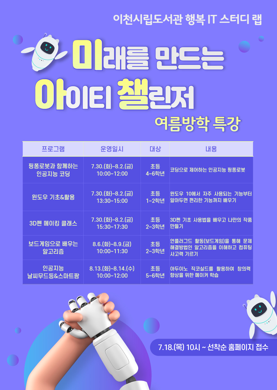 이천시립도서관이 오는 30일부터 ‘미래를 만드는 IT 챌린저’ 여름방학 특강을 진행한다. 사진은 ‘미래를 만드는 IT 챌린저’ 여름방학 특강 홍보 포스터. (사진제공=이천시립도서관)