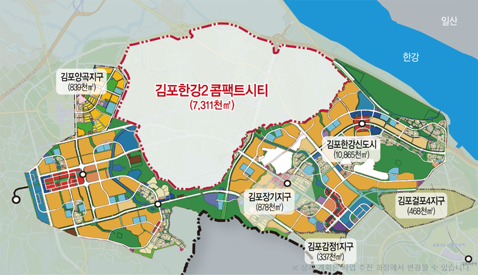 김포한강신도시 개발계획 수립과정에서 군사시설 보호 등의 문제로 제외된 장기동과 운양동을 포함해 인근 양촌읍과 마산동 일부를 포함한 731만1천㎡(221만2000평)에 계획된 김포한강2공공주택 공급사업에 속도가 붙게 됐다. 사진은 김포한강2공공주택조성 사업구역도. (사진제공=김포시청)