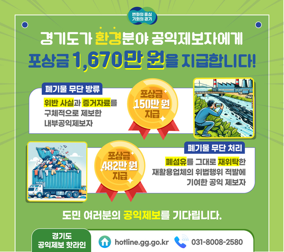 경기도는 지난 12일 2024년도 제2차 경기도 공익제보지원위원회를 열고 폐기물 불법 매립 및 미신고 폐기물 이용 영업 행위 제보 등 총 26건에 대해 포상금 1670만원을 지급하기로 결정했다. (사진제공=경기도청)