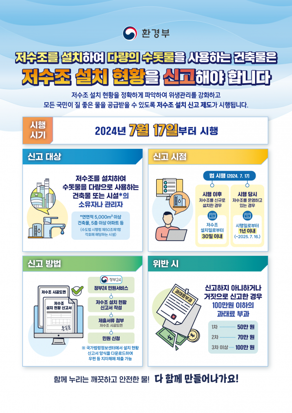 수돗물 다량 사용 건축물, 저수조 설치 신고 의무화