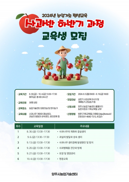 양주시, 사과 재배 적지 북상ⵈ 2024년 농업기술 평생 교육 ‘사과반 하반기 과정’ 교육생 모집