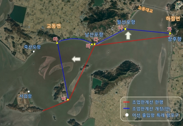 강화군이 작년 11월 확장된 교동·창후 어장의 최종 조업 승인이 완료돼 새로운 어장에서 첫 조업이 시작됐다. 사진은 위치도. (사진제공=강화군천)
