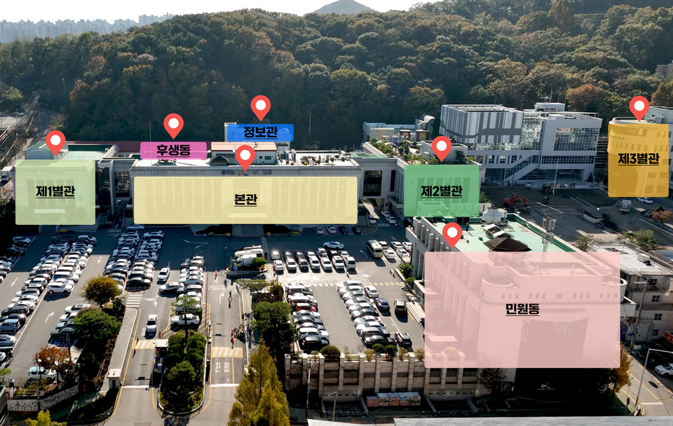 김포시가 사무공간 부족으로 두 곳의 임대건물에 입주해 있던 건설도로과 등 12개 부서를 오는 10월까지 순차적으로 본청에 재배치한다. 사진은 김포시청 청사 배치도. (사진제공=김포시청)