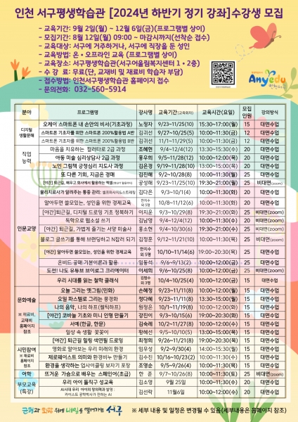 인천 서구평생학습관, 2024년 하반기 프로그램 수강생 모집