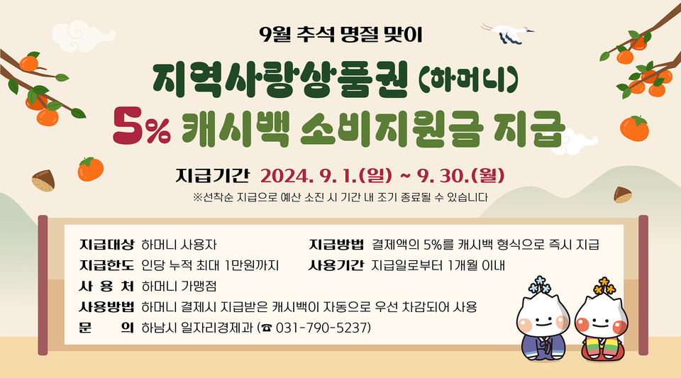 하남시는 추석 명절 소비 촉진을 위해 다음 달 1일부터 예산 소진 시까지 하남시 지역사랑상품권인 '하머니' 결제 금액의 5%를 캐시백 형태의 소비지원금으로 선착순 지급하는 이벤트를 진행한다. (사진제공=하남시청)