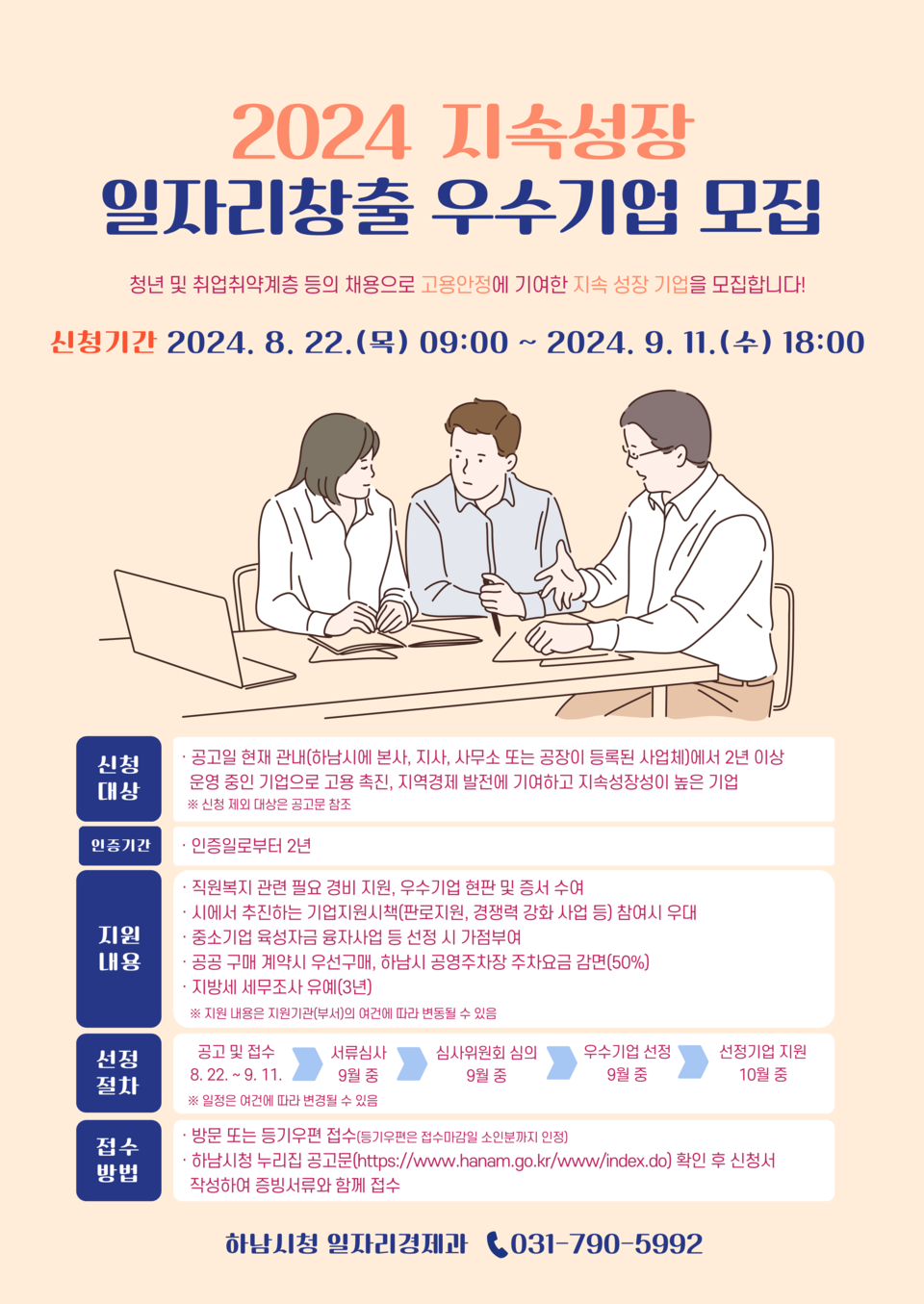 하남시가 지역경제 발전과 고용 촉진에 노력하는 지속성장 일자리창출 우수기업에 직원복지와 관련된 필요경비 등 다양한 혜택을 부여하기 위해 다음 달 11일까지 '2024년 지속성장 일자리창출 우수기업'을 모집한다. (사진제공=하남시)