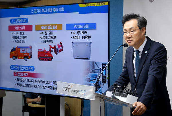 하병필 행정부시장이 29일 시청 브리핑룸에서 전기차 화재예방 안전 종합대책을 발표하고 있다. (사진제공=인천시)