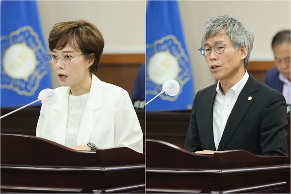 지난 29일 열린 인천 동구의회 제279회 임시회 제1차 본회의에서 장수진 의원과 최훈 의원이 의정자유발언에 나섰다. (사진제공=동구의회)