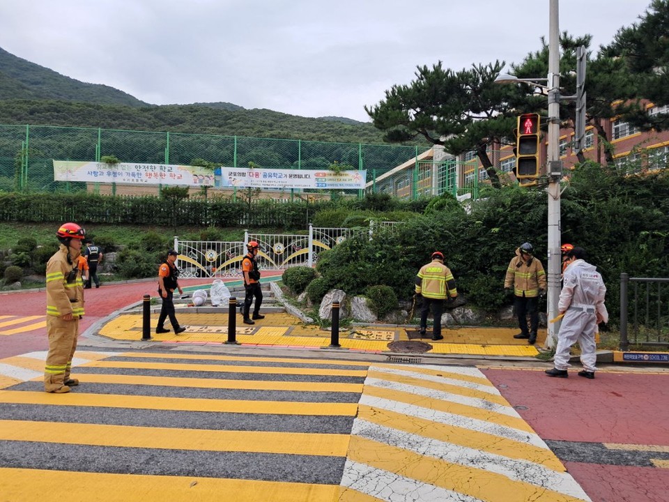9일 오전 8시52분께 군포시 산본동의 한 초등학교 정문 인근에서 등교하던 초등생 9명이 벌에 쏘이는 사고가 났다. 신고를 받고 출동한 소방당국에 의해 인근 병원으로 분산 이송됐다. (사진제공=경기도소방재난본부)