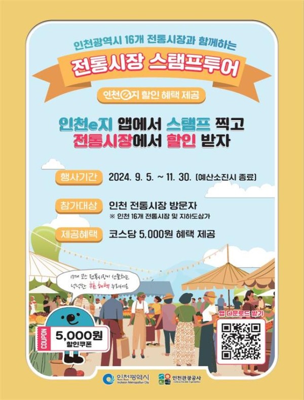 인천시와 인천관광공사는 인천의 전통시장을 알려 지역 경제 활성화를 위한 ‘매력으뜸 전통시장 육성사업’의 일환으로 5일부터 오는 11월 30일까지 ‘인천e지’ 앱을 활용한 모바일 스탬프 투어 이벤트를 진행한다. (사진제공=인천관광공사)