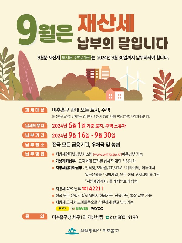 인천 미추홀구가 9월 정기분 재산세 509억원(지역자원시설세, 지방교육세 포함)을 부과했다. (사진제공=미추홀구)